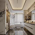 Elegant Modern Bathroom Interior With Marble Walls Bathtub Window Blinds Mirror And Cabinets