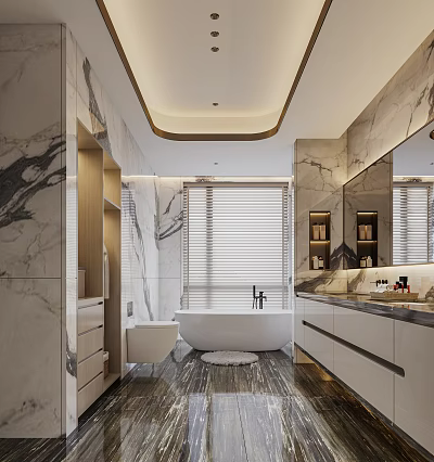 Elegant Modern Bathroom Interior With Marble Walls Bathtub Window Blinds Mirror And Cabinets 3d model