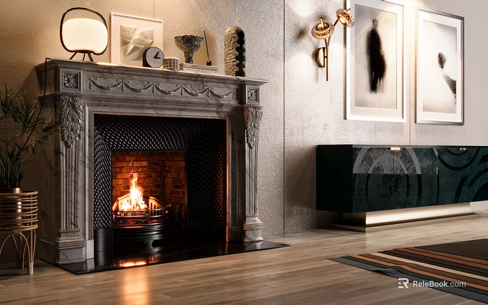 Elegant Stone Carved Fireplace With Burning Fire In Modern Living Room 3d model 