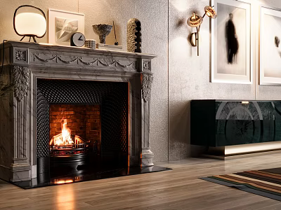 Elegant Stone Carved Fireplace With Burning Fire In Modern Living Room 3d model