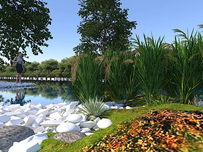Tranquil Lakeside Scenery with White Stones Tall Green Reeds Trees and Blue Sky Reflection 3d model