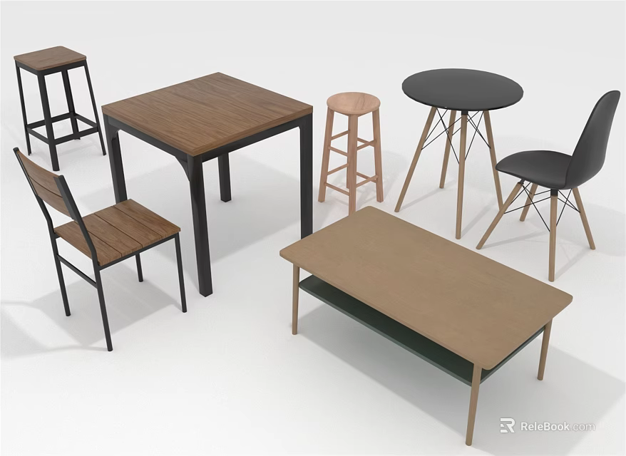 Modern Table and Chair Combination With Square Round Tables Dining Chairs Stools and Wooden Tops 3d model 