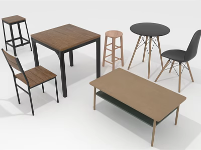 Modern Table and Chair Combination With Square Round Tables Dining Chairs Stools and Wooden Tops 3d model