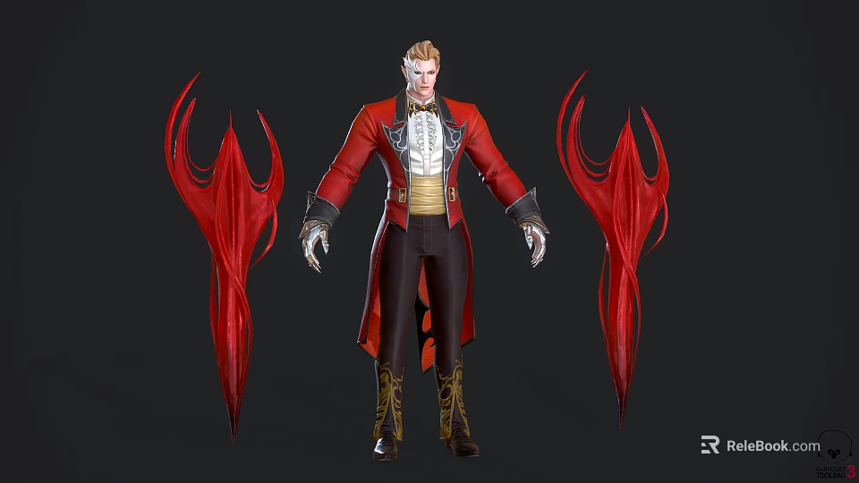 Game Movie Character Wearing Red Coat With Golden Details Black Pants And Red Winged Decorations 3d model 