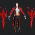 Game Movie Character Wearing Red Coat With Golden Details Black Pants And Red Winged Decorations