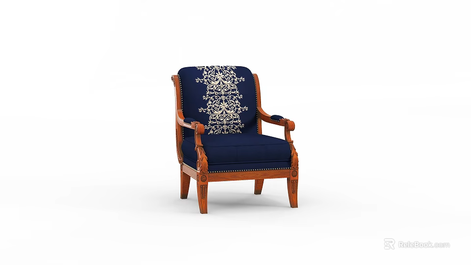 Navy Blue Accent Chair With White Patterned Fabric And Wooden Carved Frame 3d model 