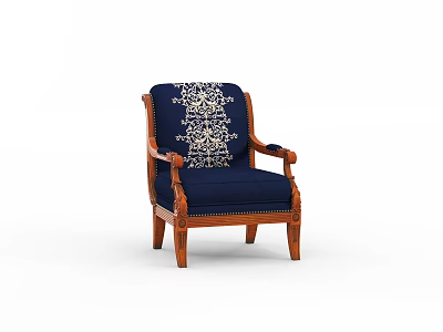 Navy Blue Accent Chair With White Patterned Fabric And Wooden Carved Frame 3d model