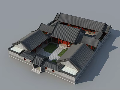 Ancient Chinese Traditional Courtyard Architecture With Grey Roof And Red Columns 3d model