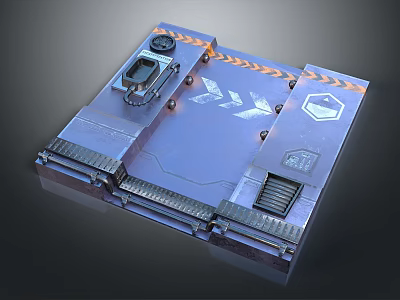 Futuristic Industrial Metal Platform Panel Structure Featuring Geometric Patterns Warning Stripes And Bolted Fixtures 3d model