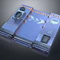 Futuristic Industrial Metal Platform Panel Structure Featuring Geometric Patterns Warning Stripes And Bolted Fixtures
