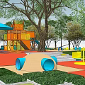 Vibrant Children's Play Area Featuring Orange Structures Blue Yellow Umbrellas Colorful Flooring and Trees