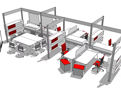 Modern Office Desks in Cubicle Workspace with Red Chairs and Storage Cabinets 3d model