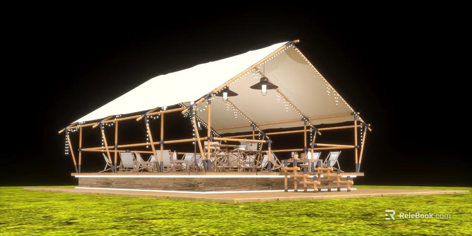 Outdoor White Tent With Wooden Structure Tables Chairs Decorative Lights On Green Grass 3d model 