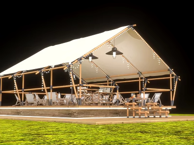 Outdoor White Tent With Wooden Structure Tables Chairs Decorative Lights On Green Grass 3d model