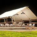 Outdoor White Tent With Wooden Structure Tables Chairs Decorative Lights On Green Grass