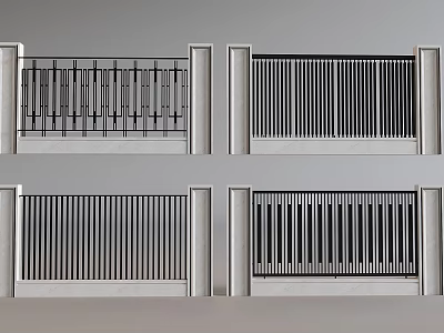 Modern Metal Fence Design with Vertical Slats and Concrete Support Posts 3d model
