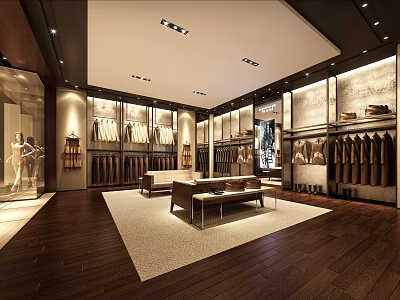 Stylish Modern Clothing Store Interior Design With Hanging Clothes Display Racks And Bench Lighting 3d model