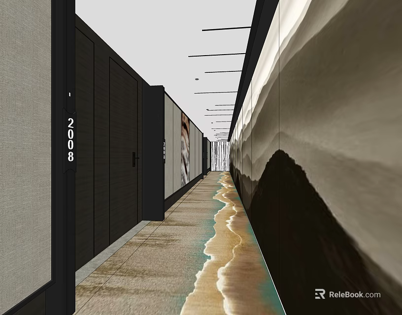 Modern Elevator Hallway With Decorative Wall And Beach Inspired Floor Design 3d model