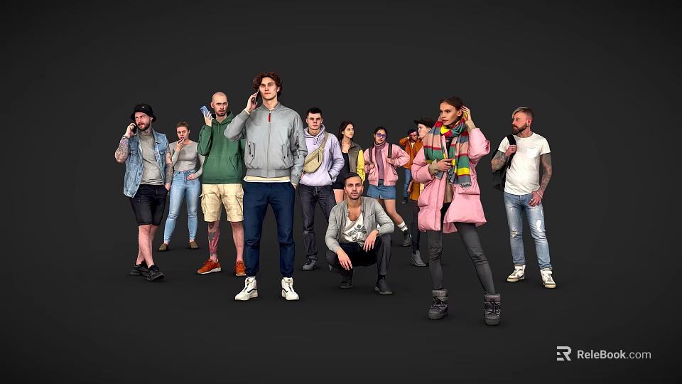 Diverse Group of People Standing Together in Casual Fashion With Various Poses Against Black Background 3d model 