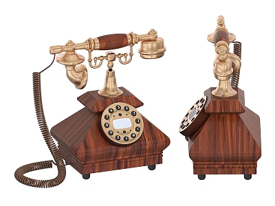 Vintage Telephones With Wooden Base Golden Dial And Coiled Cord Daily Appliances 3d model