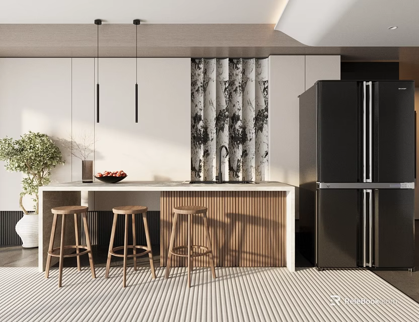 Contemporary Bar Counter With Wooden Top Three Stools Black Refrigerator Green Plant And Decorative Screen 3d model 