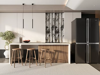 Contemporary Bar Counter With Wooden Top Three Stools Black Refrigerator Green Plant And Decorative Screen 3d model