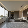 Modern Bedroom Interior With Large Bed Round Mirror Open Bookshelf And Marble Floor