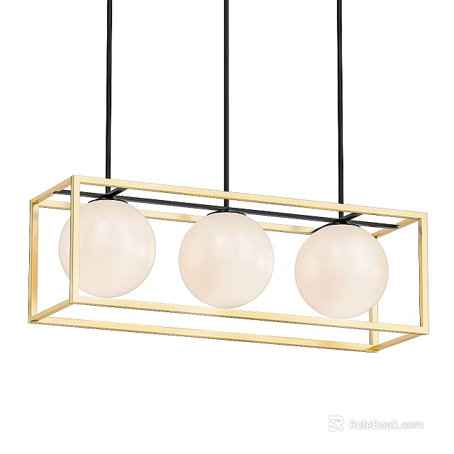 Modern Pendant Light With Gold Rectangular Frame And Three White Spherical Glass Shades 3d model