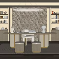 Modern Elegant Restaurant Interior With Round Dining Table Beige Stools Patterned Wallpaper And Bookshelves