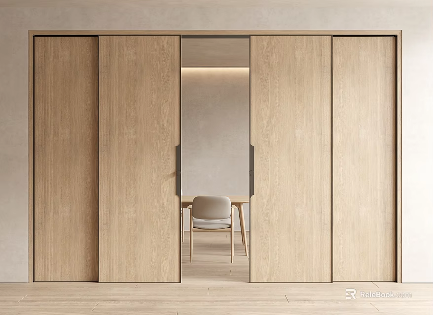 Wooden Sliding Doors For Minimalist Interior With Open Entrance And Furniture View 3d model 
