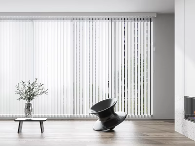 White Vertical Blinds in Modern Bright Interior with Large Window and Wooden Floor 3d model