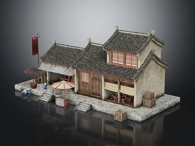Traditional Chinese Architecture Model With Curved Tile Roof Wooden Doors And Stone Steps 3d model
