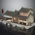 Traditional Chinese Architecture Model With Curved Tile Roof Wooden Doors And Stone Steps