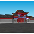 Traditional Ancient Chinese Architecture With Classic Roof Overhanging Eaves Red Doors And Square