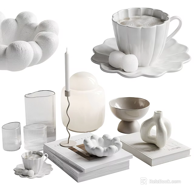 Modern White Tableware Set Featuring Cups Plates Bowls Glasses Candle Holder And Vases 3d model 