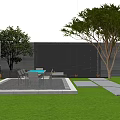 Courtyard Garden With Lush Green Lawn Outdoor Dining Table Tall Trees Stone Wall And Paved Path