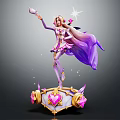 Magical Female Character With Long Purple Hair Holding Sparkling Staff On Heart Decorated Pedestal