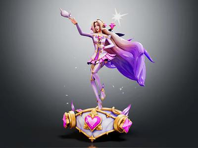 Magical Female Character With Long Purple Hair Holding Sparkling Staff On Heart Decorated Pedestal 3d model
