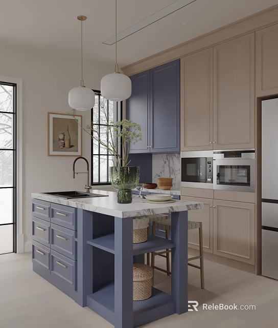 Modern Kitchen Interior With Blue And Light Wood Cabinets Marble Island And Pendant Lights 3d model 