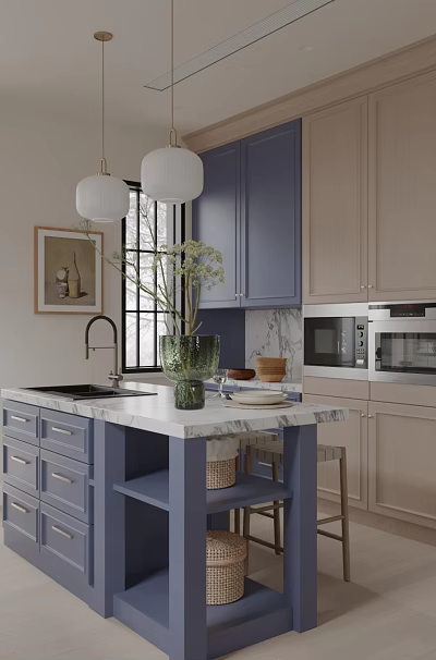 Modern Kitchen Interior With Blue And Light Wood Cabinets Marble Island And Pendant Lights 3d model