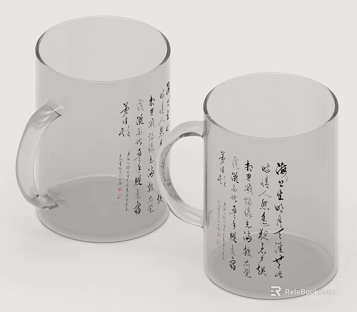 Two Transparent Glass Cups With Black Calligraphy Characters On Body 3d model 