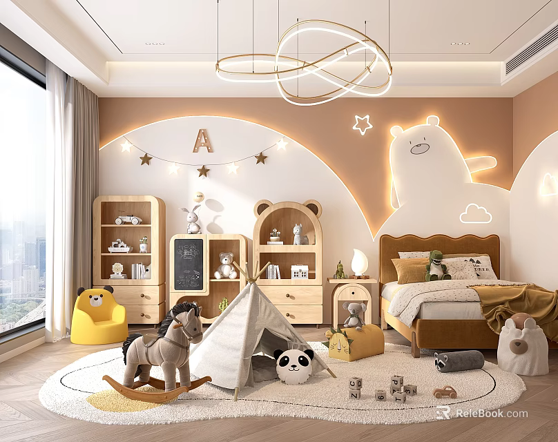 Cozy Kids Room Interior With Circular Chandelier Bear Wall Decor Teepee Tent And Rocking Horse 3d model 
