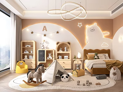 Cozy Kids Room Interior With Circular Chandelier Bear Wall Decor Teepee Tent And Rocking Horse 3d model