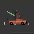 Red Functional Truck Featuring Green Crane Arm And Traffic Cones Design