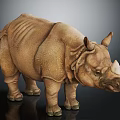 Realistic Brown Rhinoceros 3D Model With Rough Skin Texture and Single Horn Standing