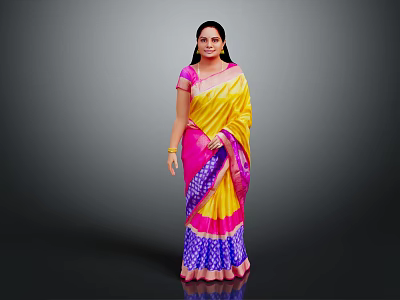 Traditional Indian Woman Wearing Yellow Pink Saree With Blue Border On Grey Background 3d model