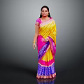 Traditional Indian Woman Wearing Yellow Pink Saree With Blue Border On Grey Background