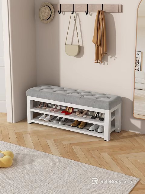 Modern Gray Tufted Shoe Bench With Multi Tier Shoe Storage For Entryway 3d model 
