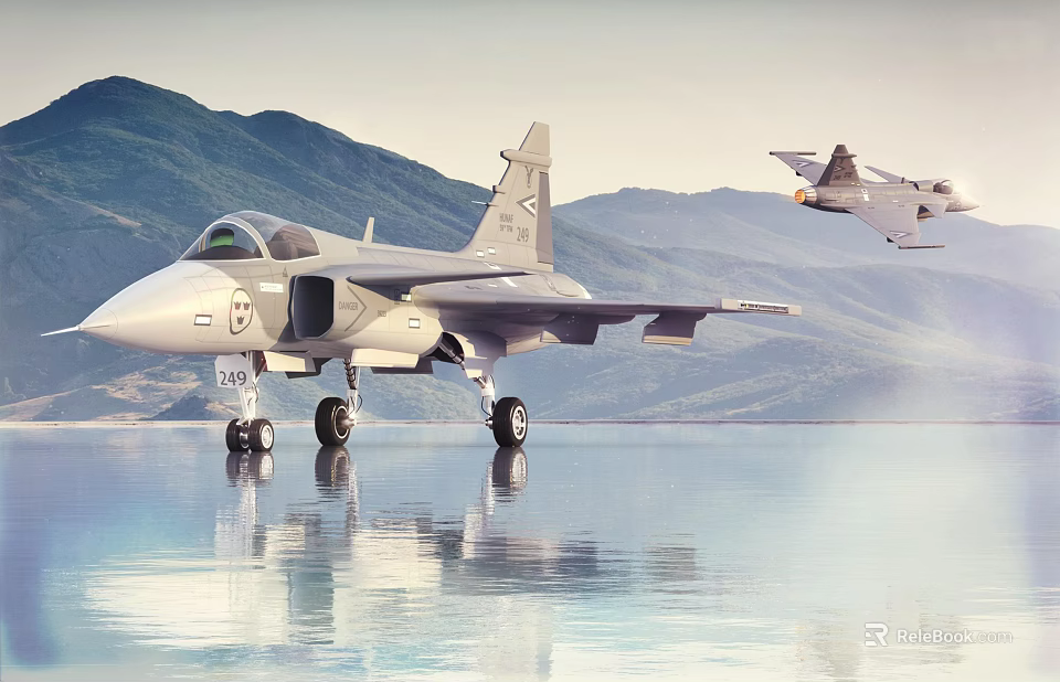 Modern Passenger Jet Flying Over Mountain Range With Calm Water Reflection 3d model 