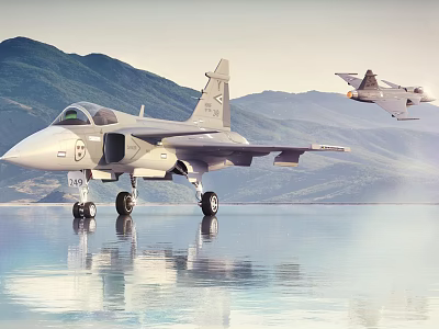Modern Passenger Jet Flying Over Mountain Range With Calm Water Reflection 3d model
